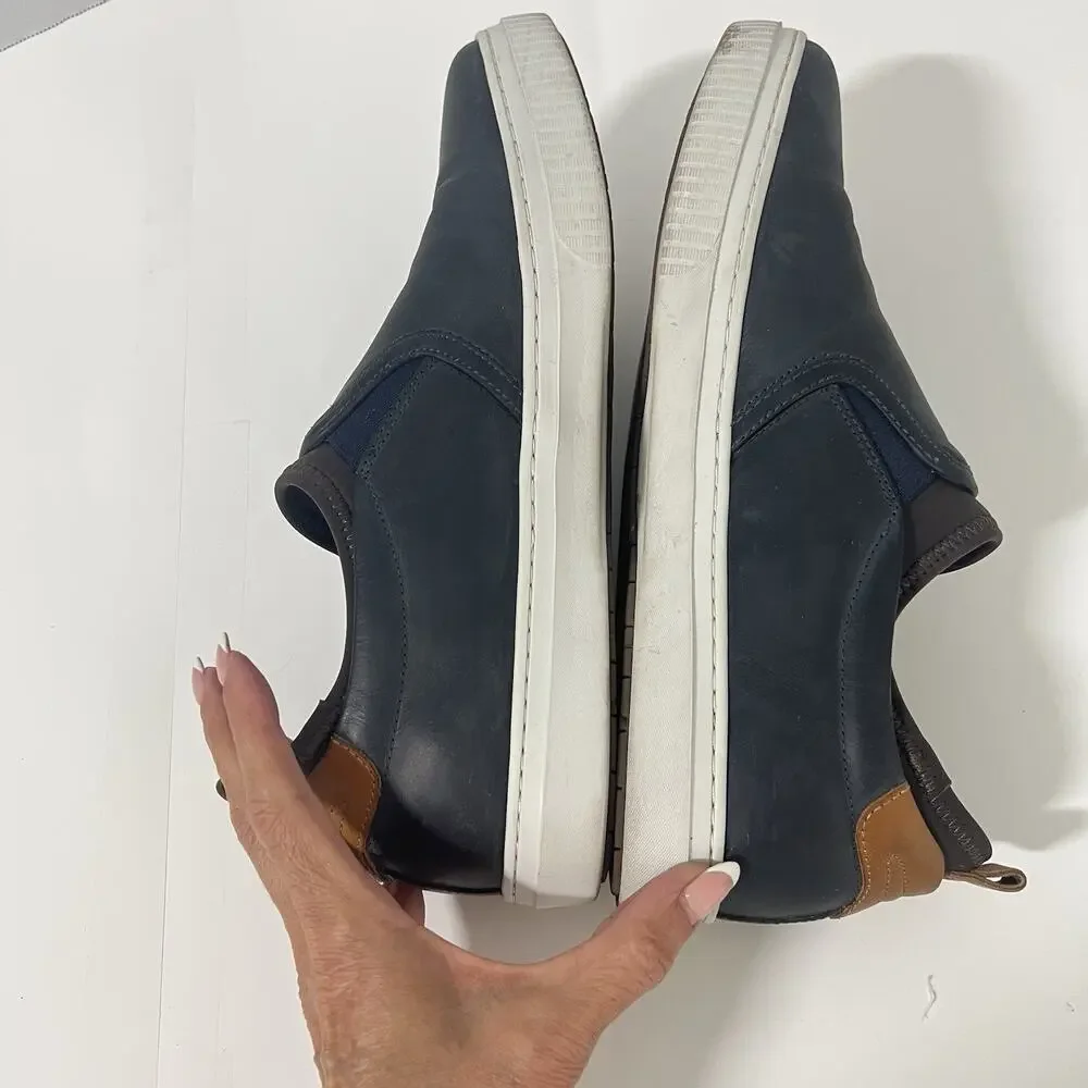 J&M 1850 Leather Slip On Sneakers Men’s SIZE 10.5 Navy With Brown Trim Comfort